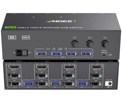 Picture of KVM Switch 3 Monitors 3 Computers 8K@60Hz 4K@144Hz, ANGEET HDMI and Displayport Triple Monitor KVM Switch, 3 Monitors KVM with 4 USB 3.0 Ports for USB Devices, Wired Remote and Power Adapter Included
