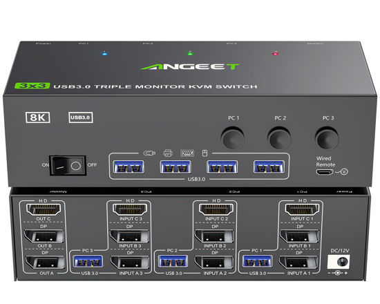 Picture of KVM Switch 3 Monitors 3 Computers 8K@60Hz 4K@144Hz, ANGEET HDMI and Displayport Triple Monitor KVM Switch, 3 Monitors KVM with 4 USB 3.0 Ports for USB Devices, Wired Remote and Power Adapter Included