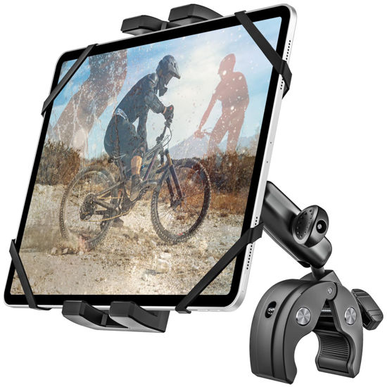 Picture of Metal iPad Tablet Mount for Boat Helm, Wheelchair Pole, Golf Cart, Stroller, Mic Stand, Fitness bike, Road Mountain Bicycle - 360° Adjustable Handlebar Clamp for 4.7-13" iPad Pro, Air, Mini, Galaxy