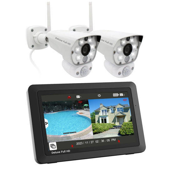 Picture of CasaCam Deluxe Wireless Security Camera System | 2 1080p Floodlight Cameras and one 7" Touchscreen Monitor | AC Powered, Two-Way Audio, Free APP, 32GB SD Card and Battery Installed, Model VS5002