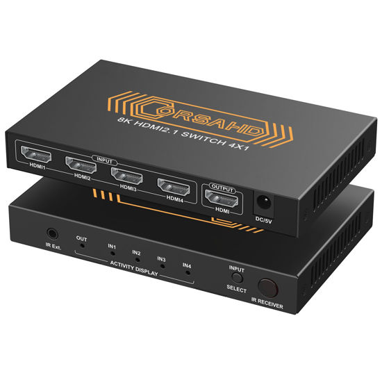 Picture of CORSAHD 8K@60Hz HDMI 2.1 Switch 4x1 4K 120Hz 48Gbps,HDCP 2.3,ARC,VRR,CEC,HDMI Switcher 4 in 1 Out,4 Port HDMI Selector,IR Remote,3D,HDR 10,Dolby Atmos,for TV,PS5,Xbox,Fire Stick,Roku,Blu Ray,Projector