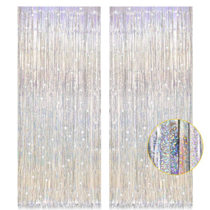 Picture of 2 Pack 3.2ft x 8.2ft Silver Metallic Tinsel Foil Fringe Curtains, Door Streamer Photo Booth Backdrop for Birthday Graduation Engagement Bridal Shower Bachelorette Baby Shower Party Decorations
