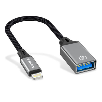 Picture of AGVEE Lightning to USB Camera Adapter, USB Female OTG Cable Adapter for iPhone iPad to Connect Card Reader, USB Flash Drive, MIDI, Keyboard, Mouse, Hubs, Plug & Play, Dark Gray