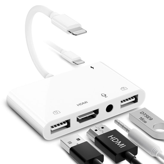 Picture of FEINODI Lightning to HDMI Adapter for iPhone/iPad to TV, Dual USB OTG Adapter with Microphone Input for Live-Streaming, MIDI Keyboard, Mouse, HD TV/Projector/Monitor Compatible
