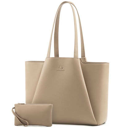 Picture of LOVEVOOK Laptop Tote Bag for Women 15.6 Inch Work Bag Leather Laptop Bag with Clutch, Large Capacity Office Purse Computer Briefcase Shoulder Bag for Casual Business Travel, Sandy