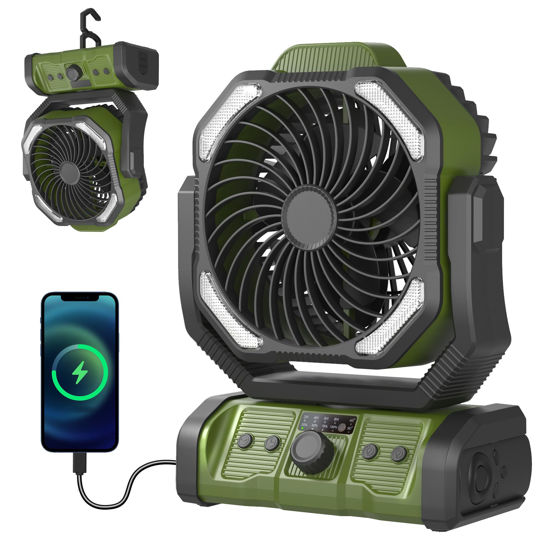 Picture of 20000mAh Dual-Motor Camping Fan with 4 LED Lights， Battery-Powered Fan with Remote Control & 8-Speeds ，Portable Fan with Tent Hook for Power Outages ,charger fan power for mobile phone (Green)