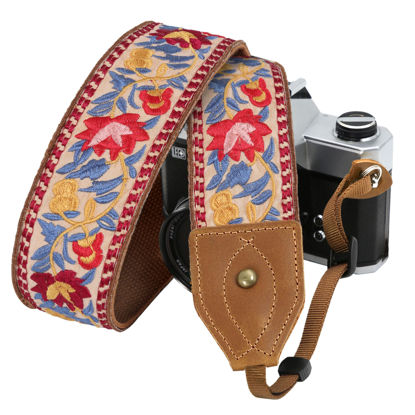 Picture of Padwa Lifestyle 2" Wide Classic Crazy Horse Art Cowhide Head Camera Strap - Jacquard Embroidery Floral Vintage Camera Straps for Photographers Gift, Adjustable Shoulder Neck Strap Fits DSLR Cameras