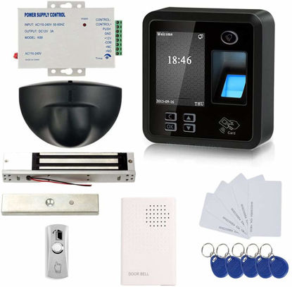 Picture of Biometric Fingerprint Security Access Control Systems with 600lbs Magnetic Lock,Exit Motion Sensor,Metal Exit Button with Base,110V-240V Power Supply Unit,Wired Doorbell,RFID Cards & RFID Key Fobs