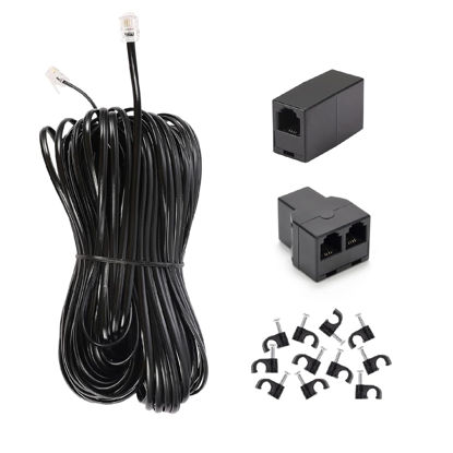 Picture of Long Telephone Extension Cord 100FT, Black, Phone Cable Line Wire with Standard RJ11 Plug, 1 Phone Line Splitter, 1 in-line Coupler and 65 Cable Clip Holders for Telephone Calling Communication