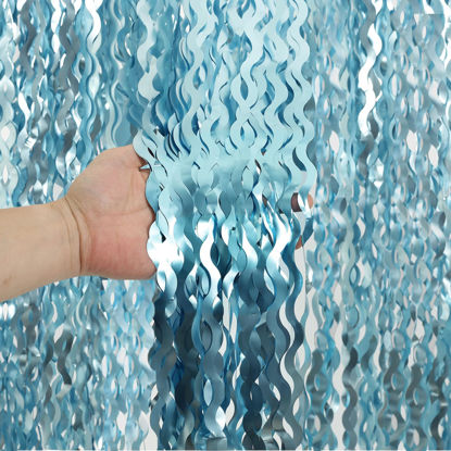 Picture of 4 Pack Wavy Blue Foil Fringe Curtain 3.3x6.6 Feet | Blue Streamers Tinsel Backdrop for Under The Sea Party Decorations | Ocean Backdrop | Mermaid Birthday Decorations