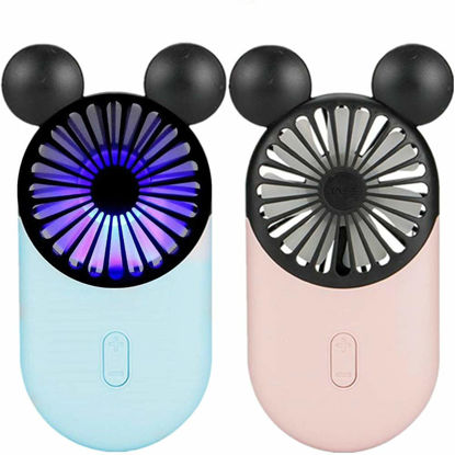 Picture of Kbinter Cute Personal Mini Fan, Handheld & Portable USB Rechargeable Fan with Beautiful LED Light, 3 Adjustable Speeds, Portable Holder, for Indoor Outdoor Activities, Cute Mouse 2 Pack (Pink+Blue)