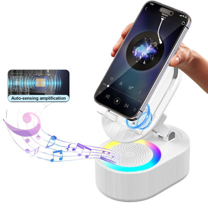 Picture of AKLLCCR Wireless Induction Audio Bluetooth Speaker 5in1 Phone Holder Emergency Rechargeable (3000mAh) with Colorful Ambient Light 300° Foldable for Tablet iPhone Android, Gifts for Men Women (White)
