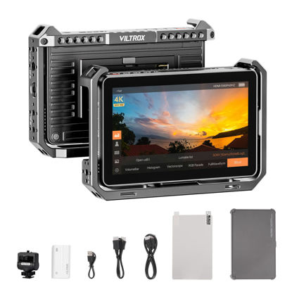Picture of VILTROX DC-X2 6'' Touchscreen Camera Monitor with Rig Cage, 2000 nits 4K HDMI in/Out Video Field Monitor Kit with Sunshade Hood, 3D LUT, Waveform, Histogram & Vectorscope Tools, Black