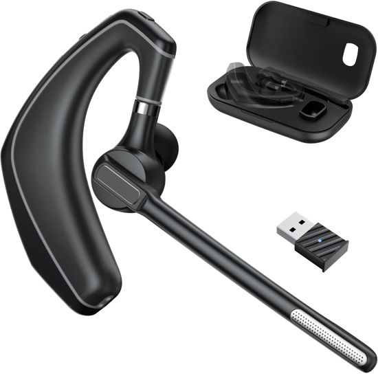 Picture of Herloreen Bluetooth Headset with Noise Cancelling Microphone & USB Dongle, Fit for Computer Laptops and Cell Phones, Wireless Earpiece for Trucker Business Office Work, MS Teams