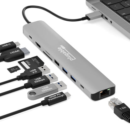 Picture of Plugable USB C Hub Multiport Adapter (9-in-1) 140W Power Delivery Charging, 4K 60Hz HDMI, 10Gbps USB-C and USB-A, Ethernet, SD | for USBC, USB4, Thunderbolt MacBook, Windows, Chromebook (USBC-9IN1E)