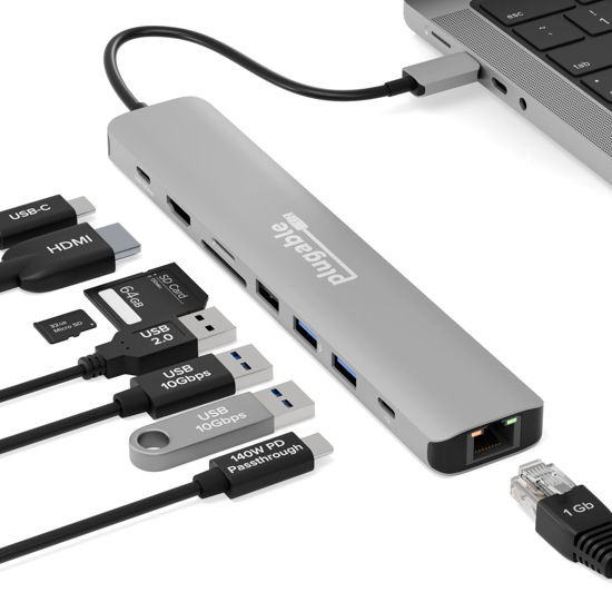 Picture of Plugable USB C Hub Multiport Adapter (9-in-1) 140W Power Delivery Charging, 4K 60Hz HDMI, 10Gbps USB-C and USB-A, Ethernet, SD | for USBC, USB4, Thunderbolt MacBook, Windows, Chromebook (USBC-9IN1E)