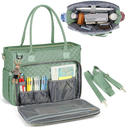 Picture of RAINSMORE Teacher Tote Bag 15.6 inch Laptop Bag for Women Work Bag Laptop Tote Nurse Bag Professional Computer Messenger Bag with Insulated Pocket, Laptop Briefcase for Office, College, Mint Green