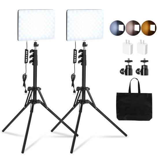 Picture of 2 Pack LED Video Light Kit, Studio Lights, Scrhot 15W Photography Lighting Kit with 64" Tripod Stand, Dimmable 2800-8400K Podcast Stream Lighting Panel for Video Recording/Game Live Streaming/YouTube