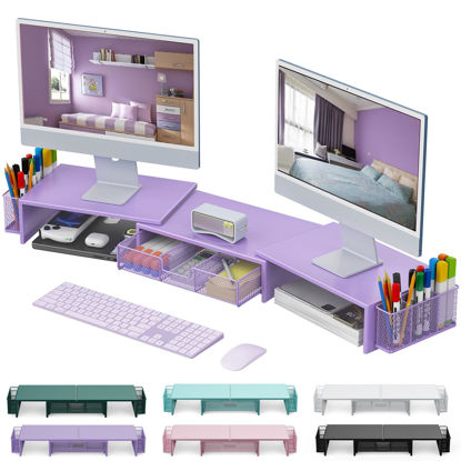 Picture of gianotter Dual Monitor Stand Riser, Desk Organizer With Drawer and 2 Pen Holders, Desk Accessories & Workspace Organizers, Monitor Stand for Desk, Office Decor Essentials (Purple)
