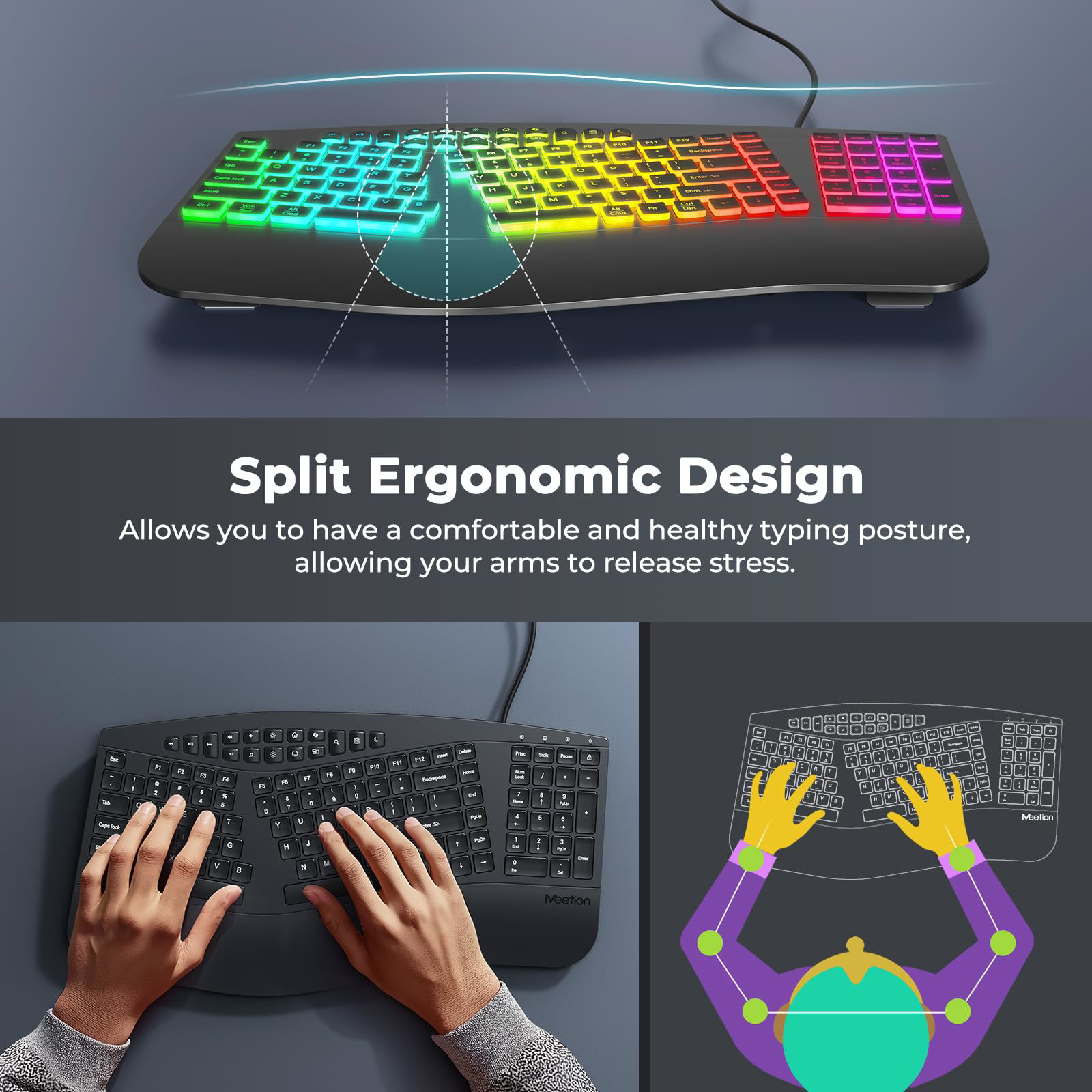 GetUSCart- MEETION Ergonomic Wired Keyboard, 7 Colors RGB Backlit ...