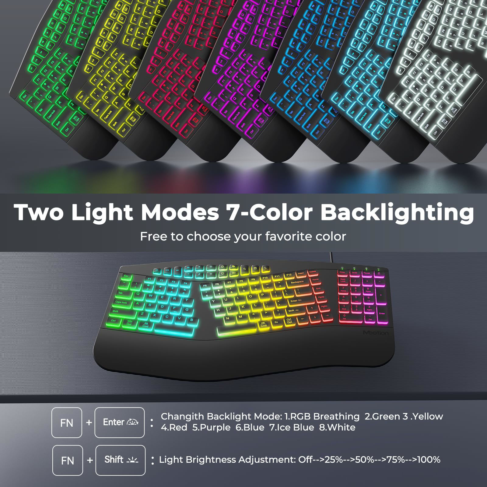 GetUSCart- MEETION Ergonomic Wired Keyboard, 7 Colors RGB Backlit ...