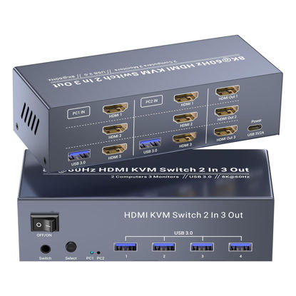 Picture of 8K@60Hz HDMI KVM Switch 3 Monitors 2 Computers, 4K@120Hz USB 3.0 Three Monitor HDMI KVM Switch for 2 PC Management, Sharing 1 Set of Keyboard, Mouse, 3 Monitors and 4 USB 3.0 Ports