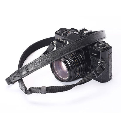 Picture of CANPIS CP008 Leather Camera Shoulder Neck Strap compatible with Canon Nikon Leica Fuji Sony Olympus etc. Black Color, Adjustable Length, Slim with Flocking Comfortable Pad