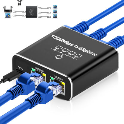 Picture of Ethernet Splitter 1 to 4, 1000Mbps High Speed Ethernet Splitter, Gigabit RJ45 Network Cable Splitter [4 Devices Simultaneous Networking], LAN Network Extension for Cat8/7/6/5e/5 Cable