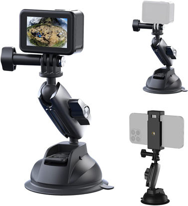 Picture of TELESIN Aluminum Camera Suction Cup Car Mount with Phone Holder, Outside Inside Windshield Window Dashboard Accessories for GoPro 12 11 10 9 8 7 6 5 Insta360 X3 X4 Go3 Ace Pro DJI Action 3 4 Pocket 3
