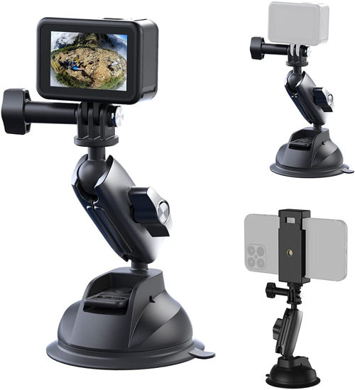 Picture of TELESIN Aluminum Camera Suction Cup Car Mount with Phone Holder, Outside Inside Windshield Window Dashboard Accessories for GoPro 12 11 10 9 8 7 6 5 Insta360 X3 X4 Go3 Ace Pro DJI Action 3 4 Pocket 3