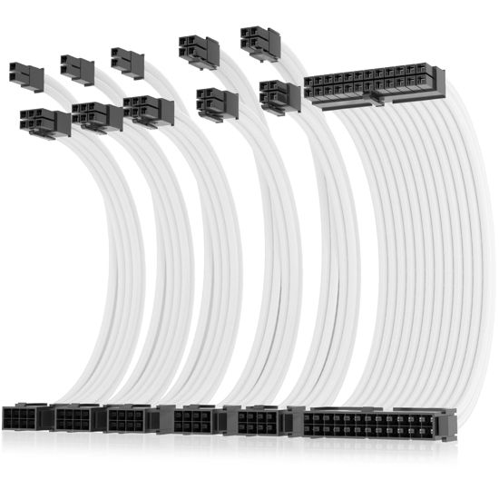Picture of AsiaHorse 16AWG Pro Power Supply Sleeved Cable, White Power Supply Extension Cable Dual EPS Kit, 1x24-PIN/ 2x8-PORT (4+4) M/B,3x8-PORT (6+2) PCI-E, 30cm Length with 2 Set of Combs