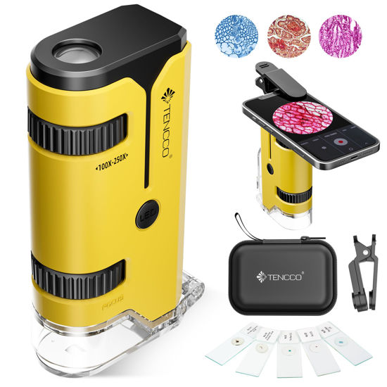 Picture of 100x-250x Mini Pocket Microscope for Kids Adults, Protable Handheld Microscope with 5 Microscope Slides, Phone Adapter, Miniscope Portable Microscope Kit for Kids Adults Science Lab Education, Yellow