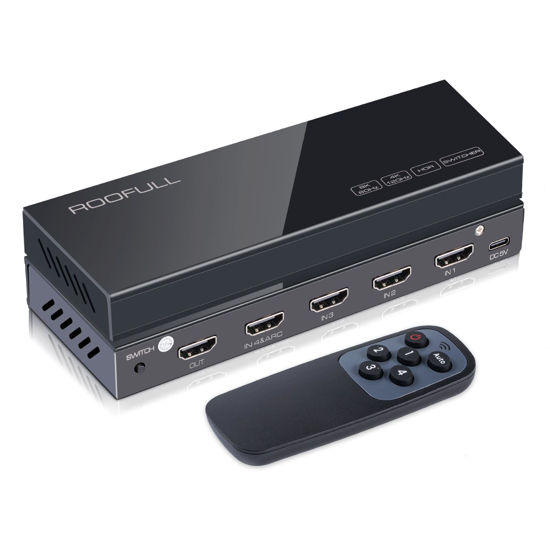 Picture of ROOFULL 4 in 1 Out 8K HDMI 2.1 Switch 4 Port 8K@60HZ 4K@120Hz HDMI Switcher Box with Remote Support 48Gbps HDR10+ Dolby Vision/Atmos HDCP 2.3 CEC for PS5 Xbox Roku Fire Stick Blu-ray Player Gaming PC