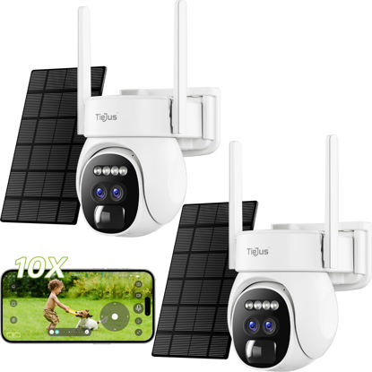Picture of TIEJUS Dual Lens Security Cameras Wireless Outdoor 2Packs, 360° PTZ Solar Cameras for Home Security Outside, 2K WiFi Battery Powered Surveillance Camera Color Night Vision, Motion Alarm [10X Zoom]