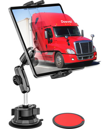 Picture of Dosvsi Car Tablet Holder Windshield, Metal Adjustable Arms Dashboard Tablet Mount for Truck, Strong Suction Cup Vehicle Dash Clamp for iPad Pro 12.9 Mini Air, Galaxy Tab/Z Fold, iPhone, 4-13" Device