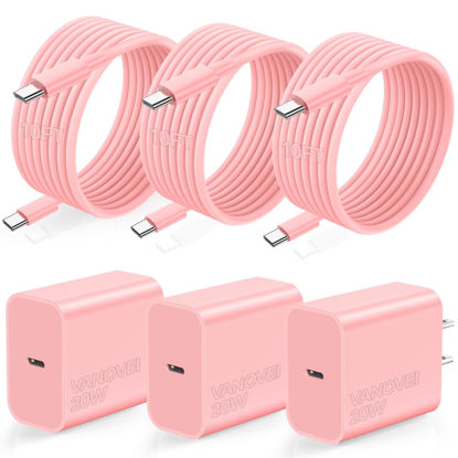 Picture of for iPhone Fast Charger,3 Pack 20W USB C Fast Wall Charger with 60W USB C to C Cables 10ft, Type C Charging Cord Compatible with iPhone 16/15 Plus/Pro Max/Pro/Samsumg S24/S23 Android Charger Pink