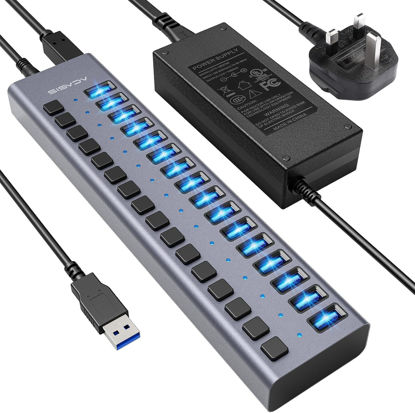 Picture of 90W Powered USB Hub - ACASIS 16 Ports USB 3.0 Data Port, Aluminum Housing, Individual On/Off Switches, 12V/7.5A Power Adapter, USB Charging Hub/USB Splitter for Laptop, PC, Computer, Printer