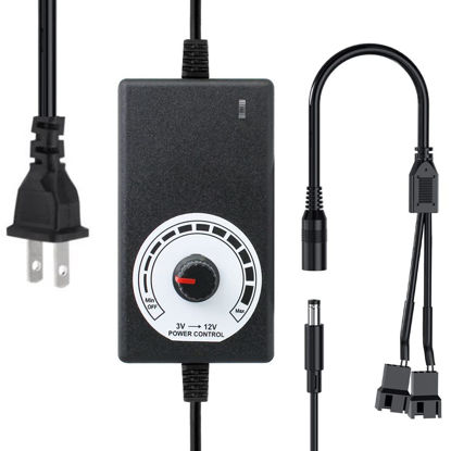 Picture of Delinx 12V Fan Power Supply,PC Fan Speed Controller,100-240vAC to 3-12vDC 24W Adjustable Fan Power Adapter,with Fan Splitter Cable,DC Female to 2 x 3/4 Pin, Multi-Functional