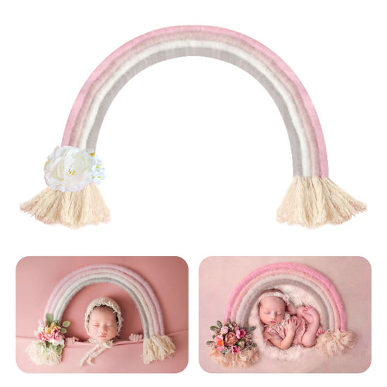 Picture of Newborn Photography Props Macrame Rainbow Decor Handmade Rainbows Newborn Photo Prop Rainbow Baby Photoshoot Props Bedroom Wall Decor Playroom Nursery Photo Props Accessories (Pink)