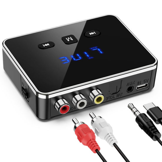 Picture of JXTZ Bluetooth Audio Adapter, Bluetooth 5.4 Transmitter Receiver Support U-Disk, TF Cards, Optical/RCA/Aux, LED Display Bluetooth Receiver for TV, Home Stereo, Wireless Adapter for Speakers Headphone