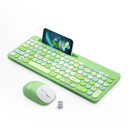 Picture of Wireless Keyboard and Mouse Combo, Retro Wireless Keyboard with Round Keycaps, 2.4GHz Full-Size USB Cute Wireless Keyboard Mouse for Computer, Desktop, Laptop and Computer (Green-Colorful)