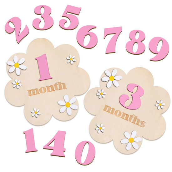 Picture of Burbell 3D Wooden Daisy Baby Monthly Milestone Cards 1-12 Months Interchangeable Baby Months Signs Monthly Milestone Discs Baby Announcement Sign for Baby Shower Newborn Photo Props Gifts (Pink)
