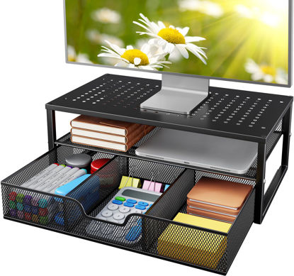 Picture of HUANUO 2 Tier Monitor Stand, Metal Monitor Riser with Storage, Computer Desk Organizer with Drawer for Laptop, Computer, PC, Black