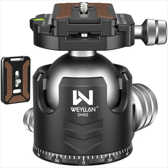 Picture of Low Profile Ball Head 52mm Tripod Head WEYLLAN DH52 Camera Head Mount, CNC Heavy Duty Ball Head with Two 1/4" Quick Release Plates, Panoramic Ballhead for Tripod, Monopod, DSLR, Max Load 66lbs /30kg