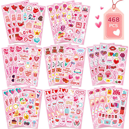 Picture of 468 PCS Valentines Stickers for Kids, Colorful Heart Stickers Bulk Valentines Crafts Kids Party Favors Supplies, Valentine's Day Stickers for Water Bottle Gifts Box Valentine Decorative for Her & Him