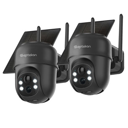 Picture of Septekon 2K Solar Security Cameras Wireless Outdoor 2 Pack, 360°PTZ Battery Powered Outdoor Camera, 2.4G WiFi Camera with Spotlight Color Night Vision, Motion Sensor Alarm, IP66, Black