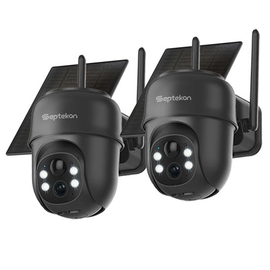 Picture of Septekon 2K Solar Security Cameras Wireless Outdoor 2 Pack, 360°PTZ Battery Powered Outdoor Camera, 2.4G WiFi Camera with Spotlight Color Night Vision, Motion Sensor Alarm, IP66, Black