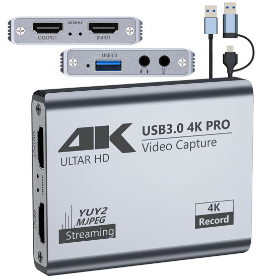 Picture of Video Capture Card, USB 3.0 High-Speed Interface, 1080P 60FPS/2K 30FPS/4K 18FPS Game Capture Recording, Compatible for PS5/Switch/Xbox/Camera/PC/OBS, Supports 4K 60FPS HDMI Loop-Out & Microphone Input