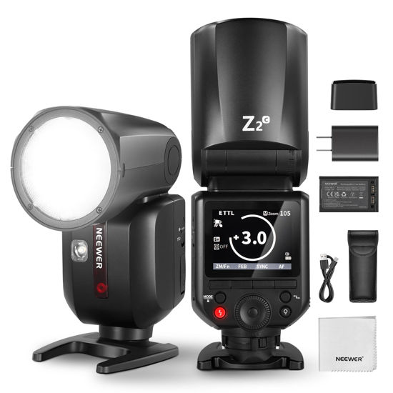 Picture of NEEWER Z2-C 2.4G TTL Round Head Flash Speedlite Compatible with Canon, 76Ws Speedlight with Upgraded UI, Modeling Lamps, TTL/M Quick TCM Switch, 1/8000s HSS, 2600mAh Battery, Cleaning Cloth