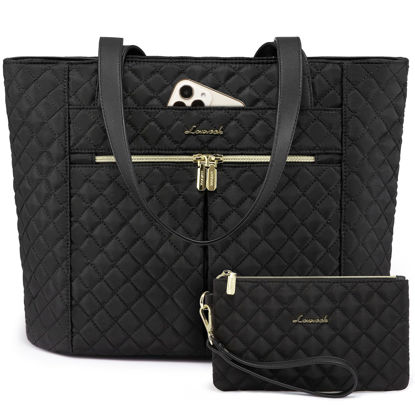 Picture of LOVEVOOK Laptop Bag for Women 17 inch,Diamond Quilted Work Tote Bags Womens Laptop Tote Bag Computer Shoulder Bags,Stylish Travel Tote Bags Laptop Purse Case Briefcase Handbag with Clutch Purse,Black
